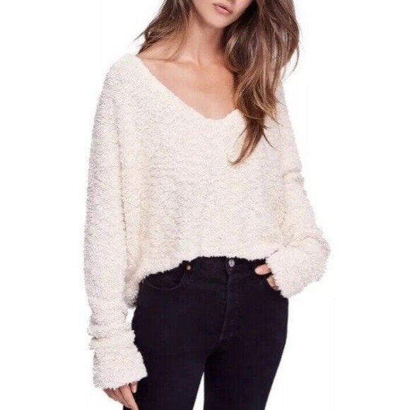 Free People Popcorn Sweater  Small Cream Ivory Songbird  V-Neck boho - Picture 1 of 12